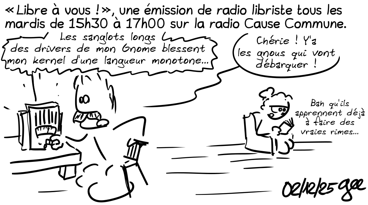 un couple écoutant l'émission de radio de l'April Libre à vous! de l'April où passe une chanson de libristes
