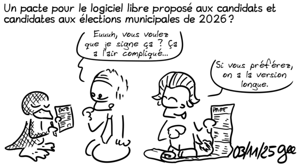 Un tux et gnu proposent un pacte à un politicien qui doute