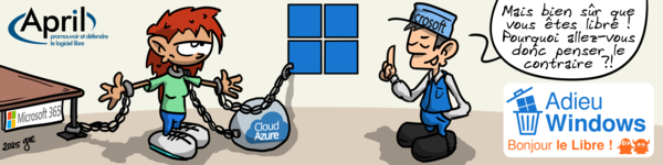 Un personnage portant une casquette Microsoft dit « Mais bien sûr que vous êtes libre ! Pourquoi allez-vous pensez le contraire ? » alors que le 2e personnage est enchaîné à une table « Microsoft 365 » et « Cloud Azure »
