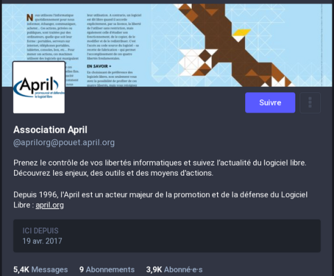 Copie écran de la page d'accueil de l'instance Mastodon de l'April